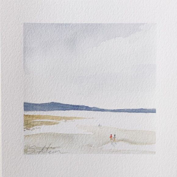 Watercolor Painting Landscape Seascape Couple On The Coast Signed 5x5”